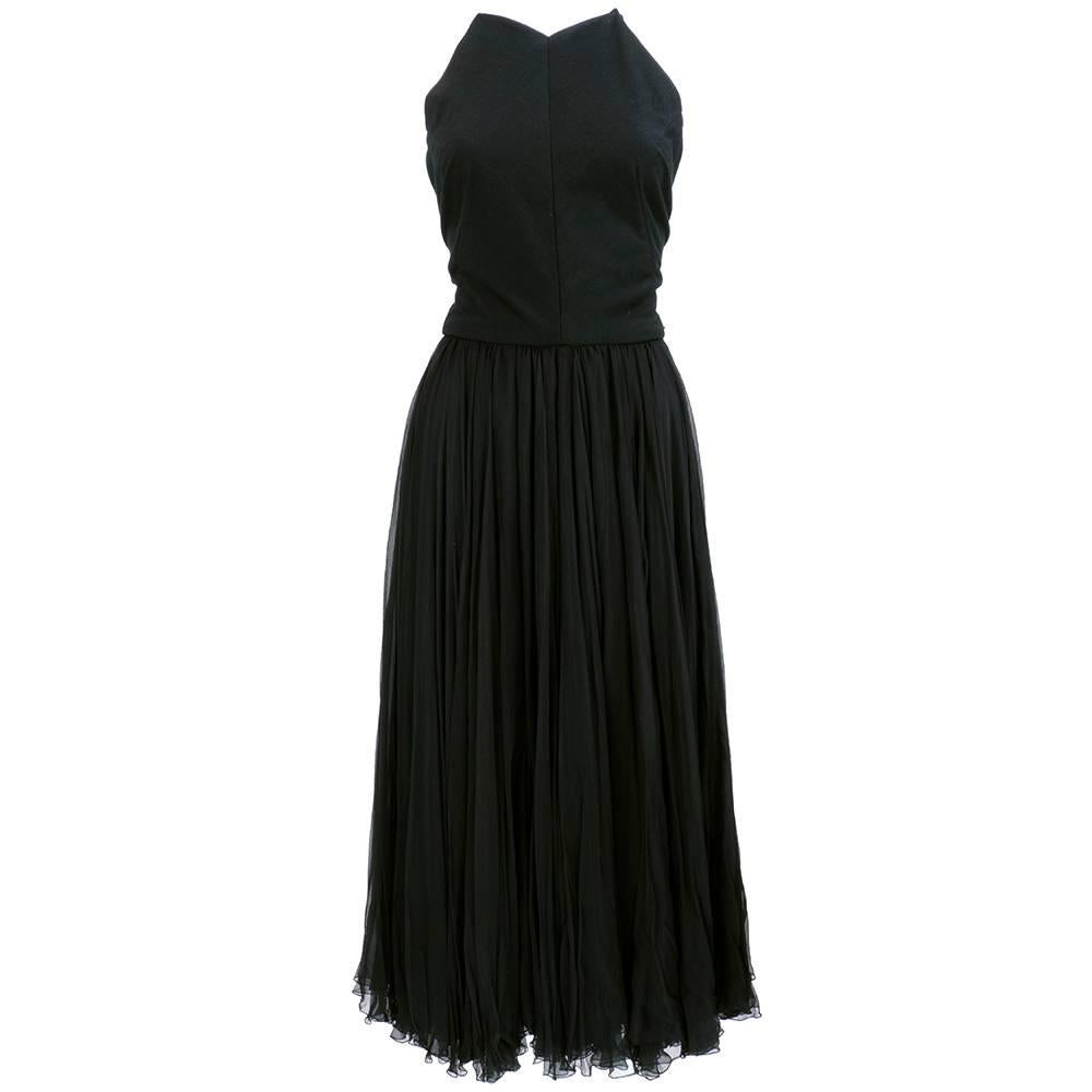 50s Traina-Norell Black Chiffon and Jersey Halter Neck Cocktail Dress