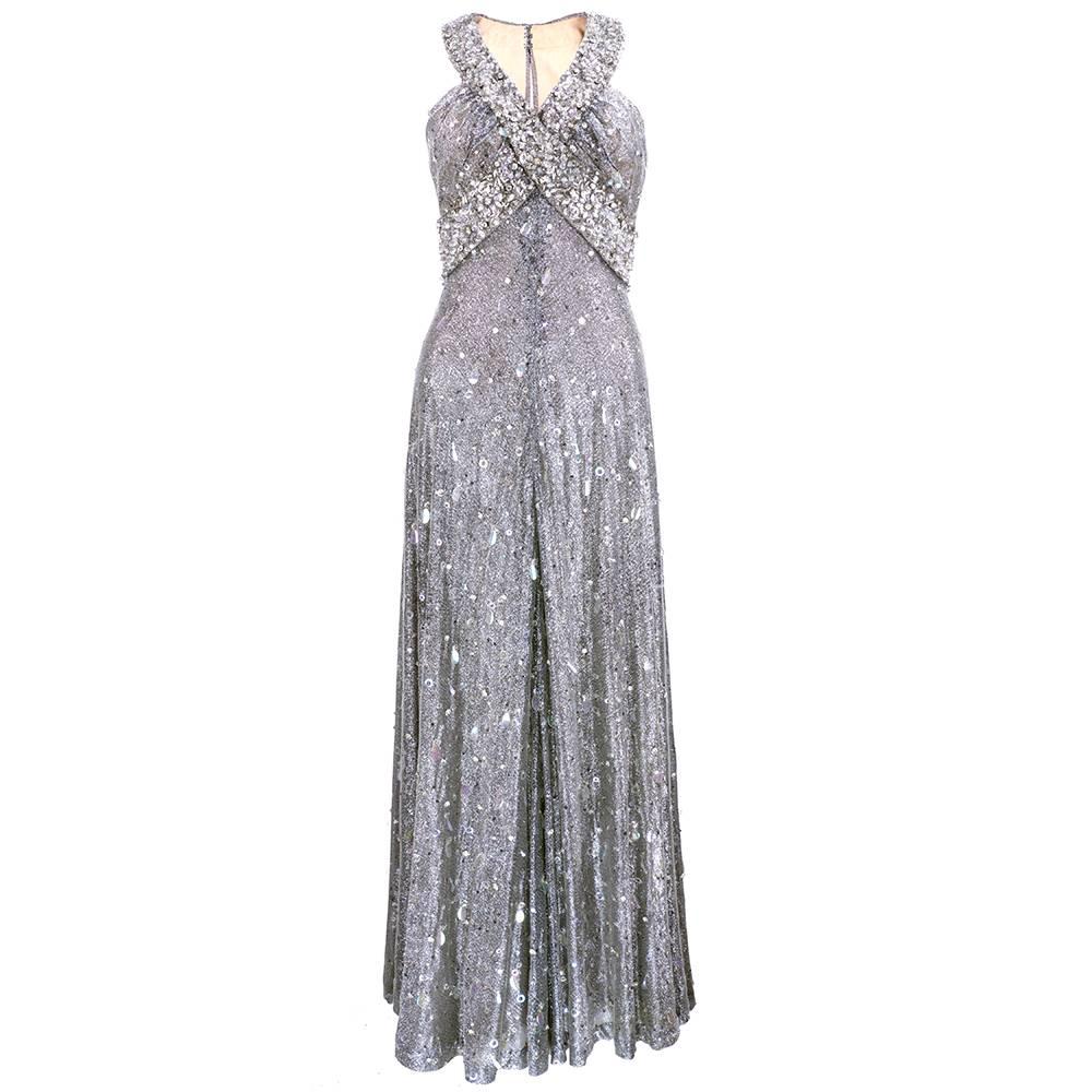 70s Silver Lurex Glitter Gown Encrusted with Iridescent Paillettes and