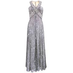 70s Silver Lurex Glitter Gown  Encrusted with Iridescent Paillettes and Gems