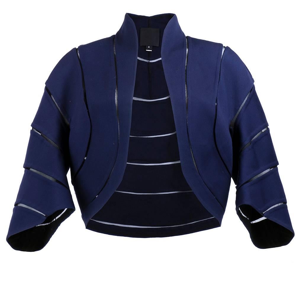 Chado Ralph Rucci Blue Wool Cropped Jacket For Sale