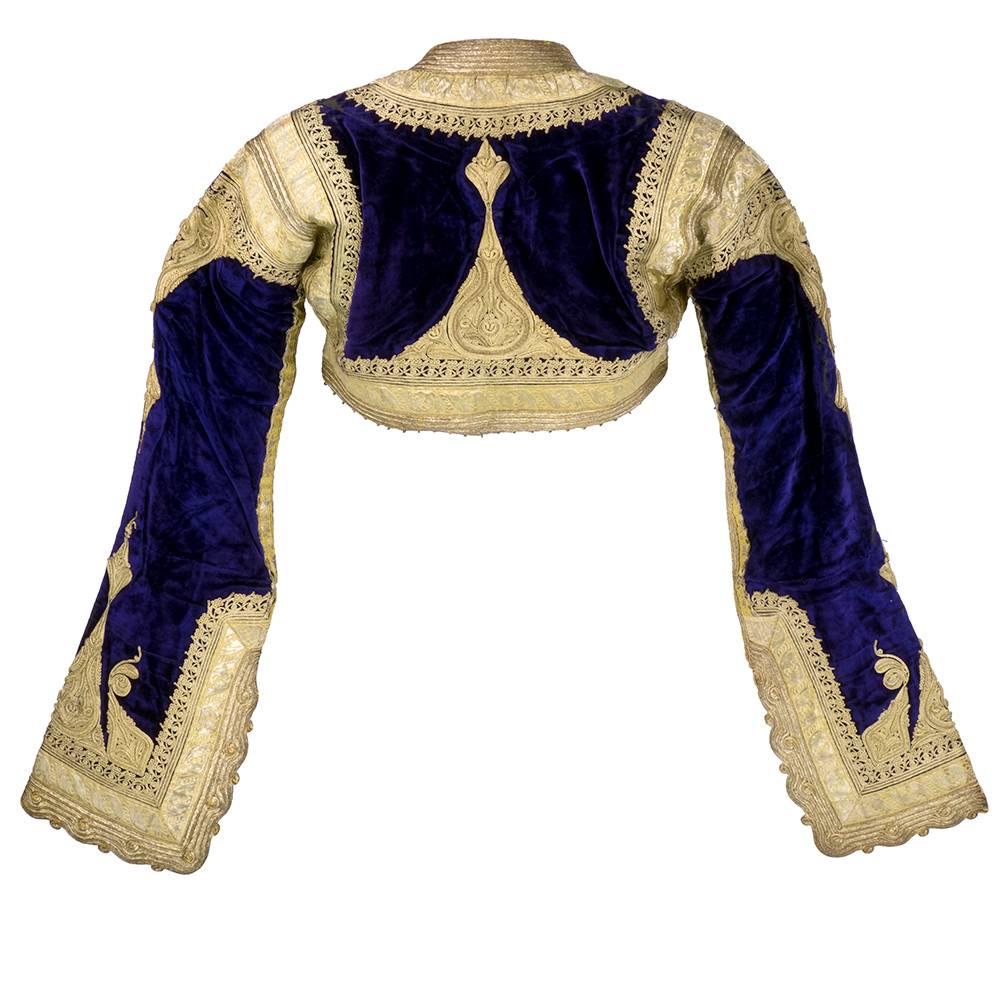 Beige Early 20th Century Ethnic Cropped Purple Velvet Jacket with Gold Braid