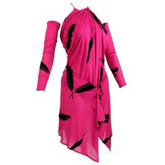 80s Tarlazzi Jersey Wrap Dress with Feather Print and Matching Gauntlets