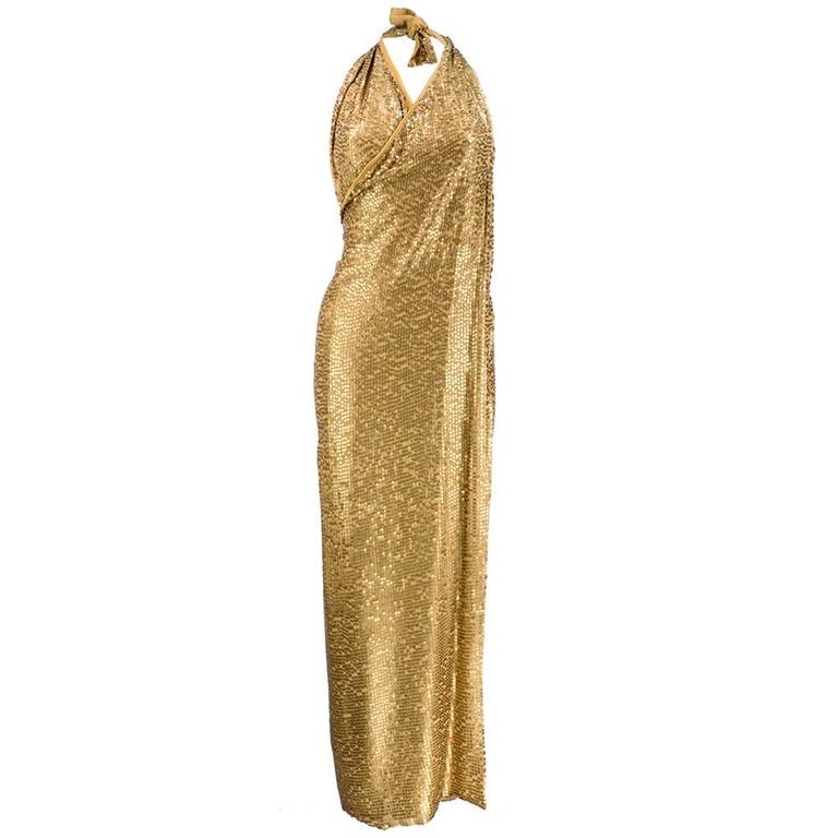 90s Donna Karan Gold Sequin Embellished Wrap Gown For Sale at 1stDibs