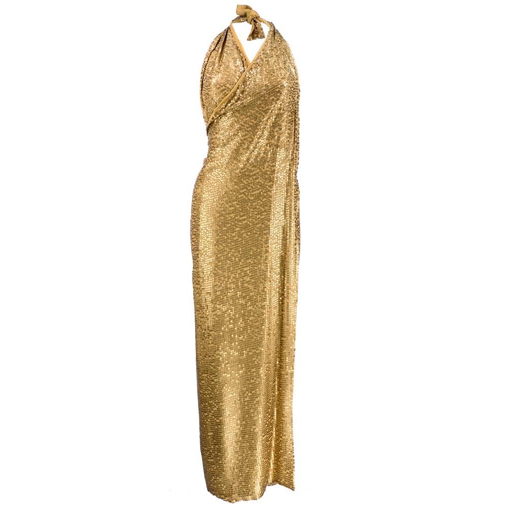 90s Donna Karan Gold Sequin Embellished Wrap Gown For Sale