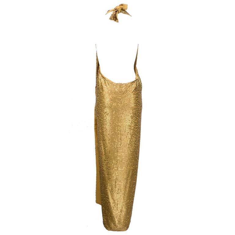 90s Donna Karan Gold Sequin Embellished Wrap Gown For Sale at 1stDibs