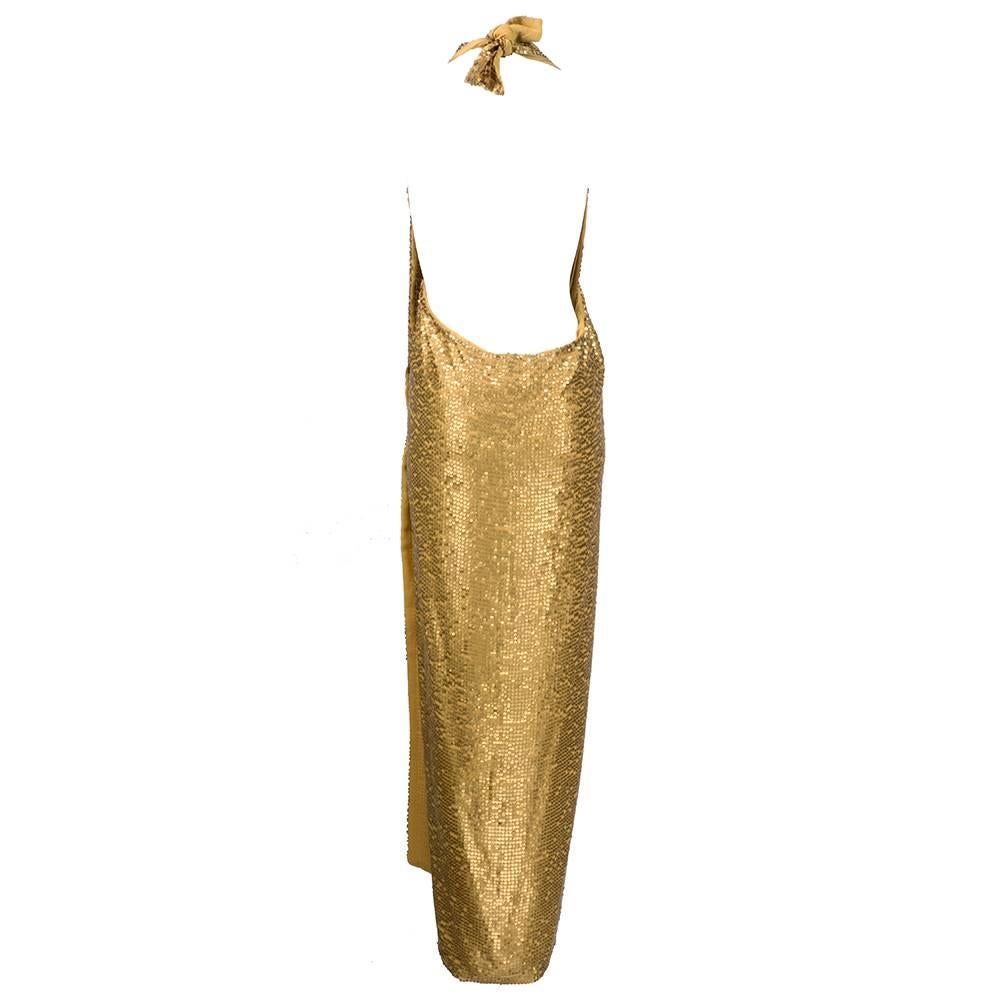 Brown 90s Donna Karan Gold Sequin Embellished Wrap Gown For Sale