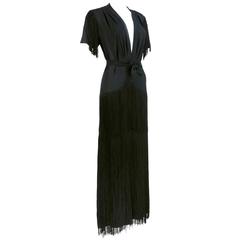 40s Black Sil Crepe Fringed Gown