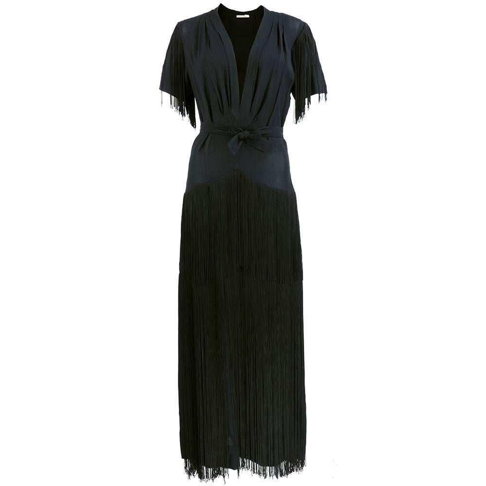 40s Black Sil Crepe Fringed Gown In Excellent Condition In Los Angeles, CA