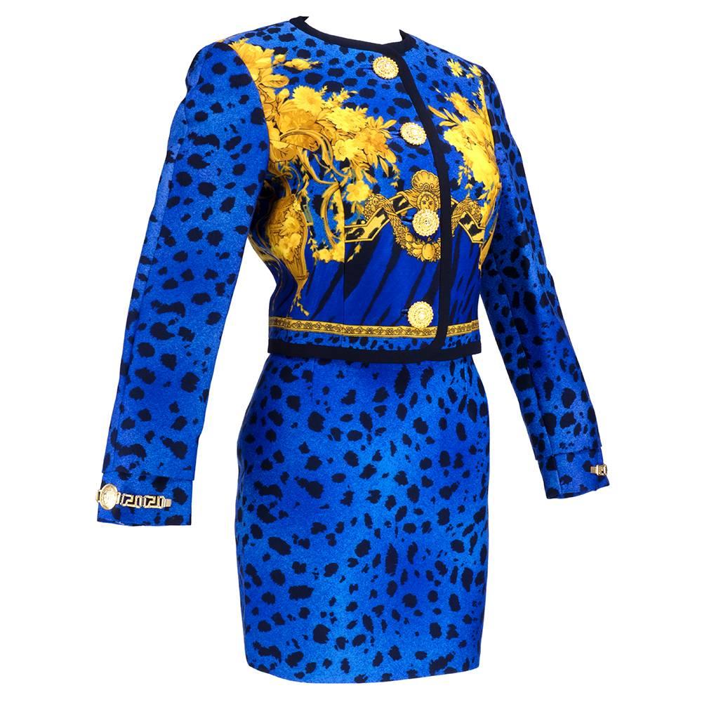 90s Gianni Versace Couture Bold Iconic Print Suit with Logo Hardware For Sale