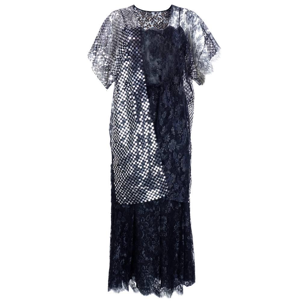 70s Christian Dior Black Lace and Mylar Evening Ensemble  For Sale