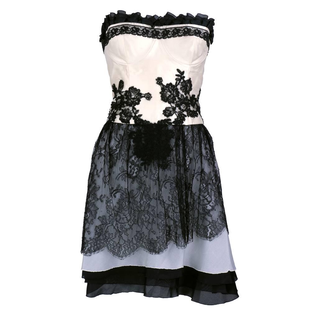 90s Christian Lacroix Black and White Silk and Lace Strapless Cocktail Dress For Sale