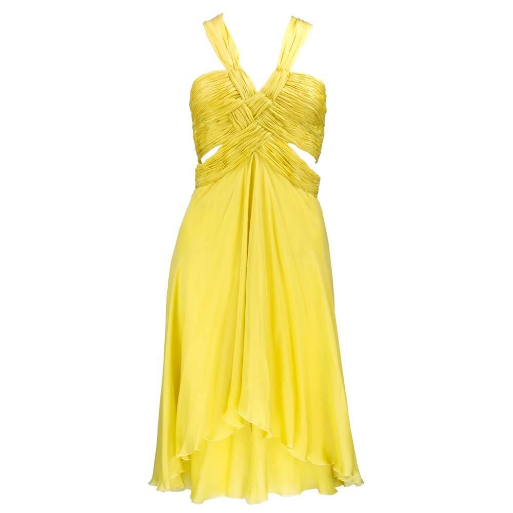 2000s Valentino Yellow Silk Chiffon Peek-A-Boo Cocktail Dress For Sale