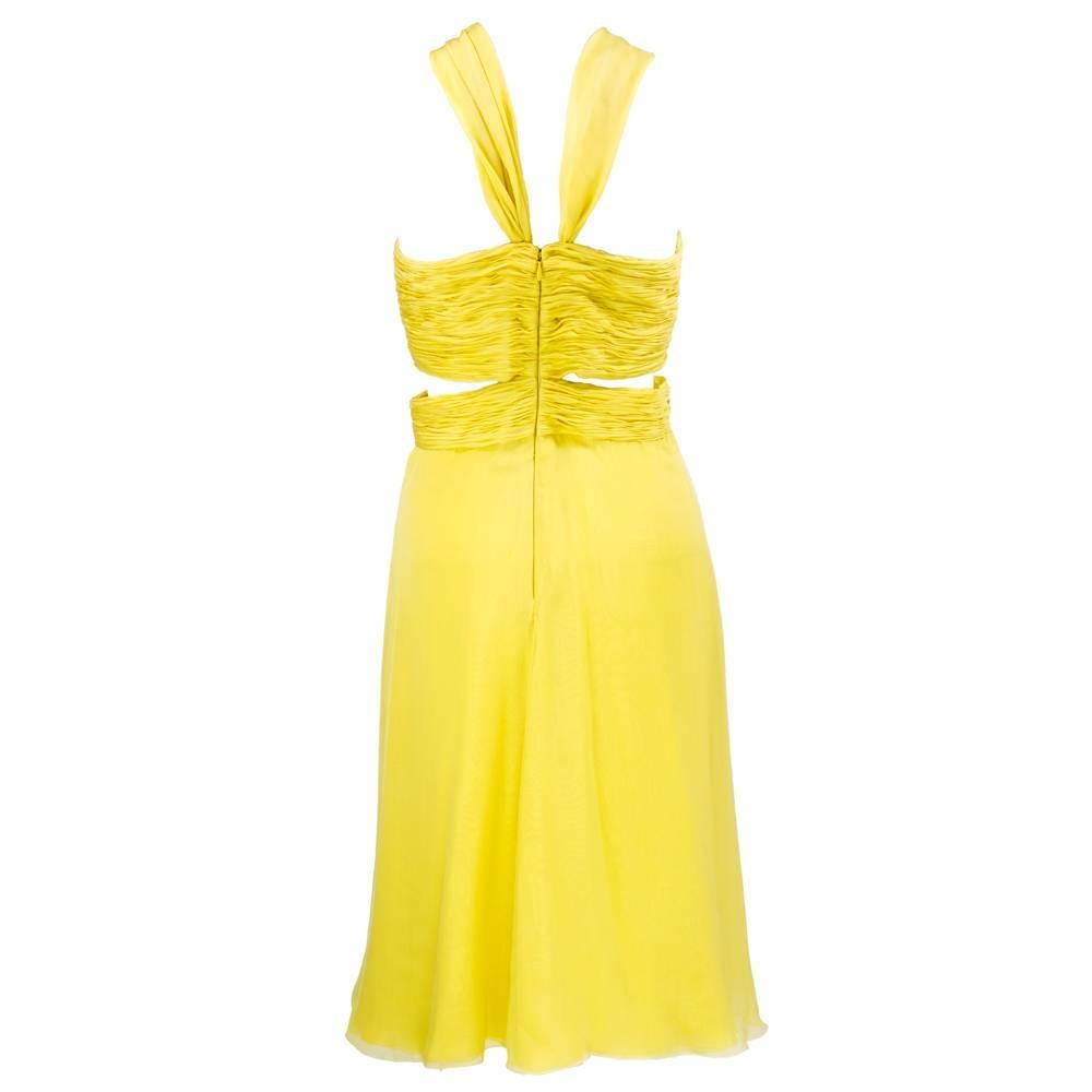 2000s Valentino Yellow Silk Chiffon Peek-A-Boo Cocktail Dress In Excellent Condition For Sale In Los Angeles, CA