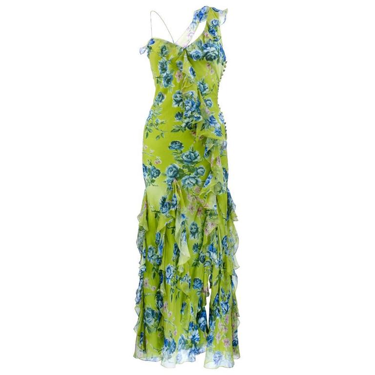 2000s Christian Dior Green Floral Silk Chiffon Bias Cut Gown with