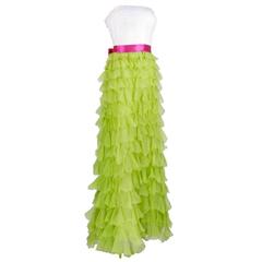 2000s Oscar de la Renta Gown with Tiered Ruffled Chiffon Skirt