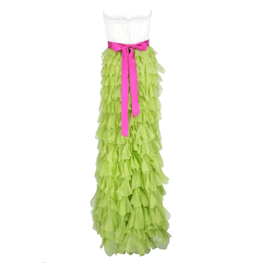 Green 2000s Oscar de la Renta Gown with Tiered Ruffled Chiffon Skirt For Sale