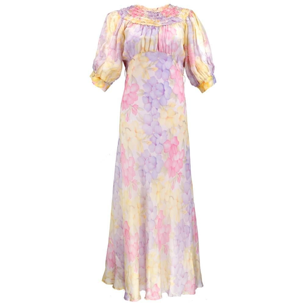 30 Bias Cut Pastel Floral Print Lawn Dress with Slip For Sale