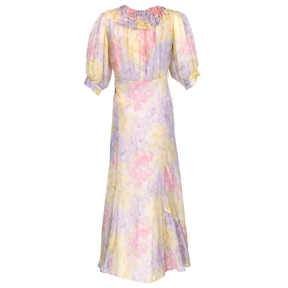 Beige 30 Bias Cut Pastel Floral Print Lawn Dress with Slip For Sale