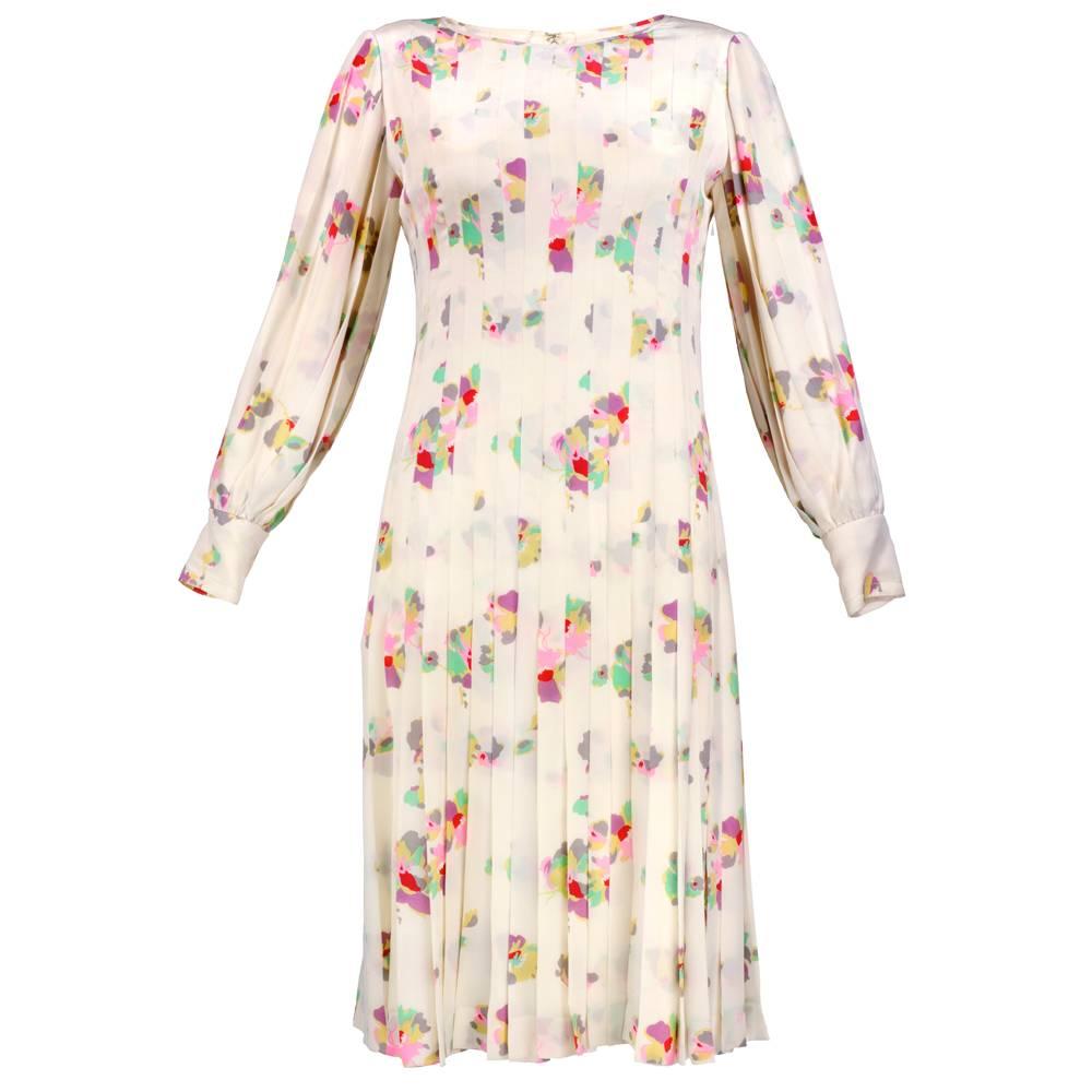 80s Galanos White Pleated Silk Floral Print Dress For Sale