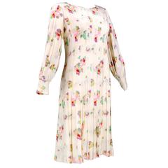 80s Galanos White Pleated Silk Floral Print Dress