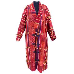 Vintage Moroccan Heavyweight Woven Multi-Color Carpet Coat with Coin Buttons