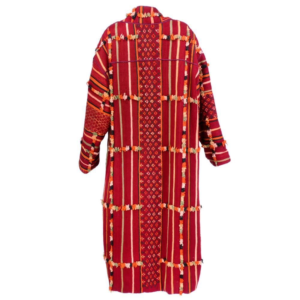 Red Moroccan Heavyweight Woven Multi-Color Carpet Coat with Coin Buttons