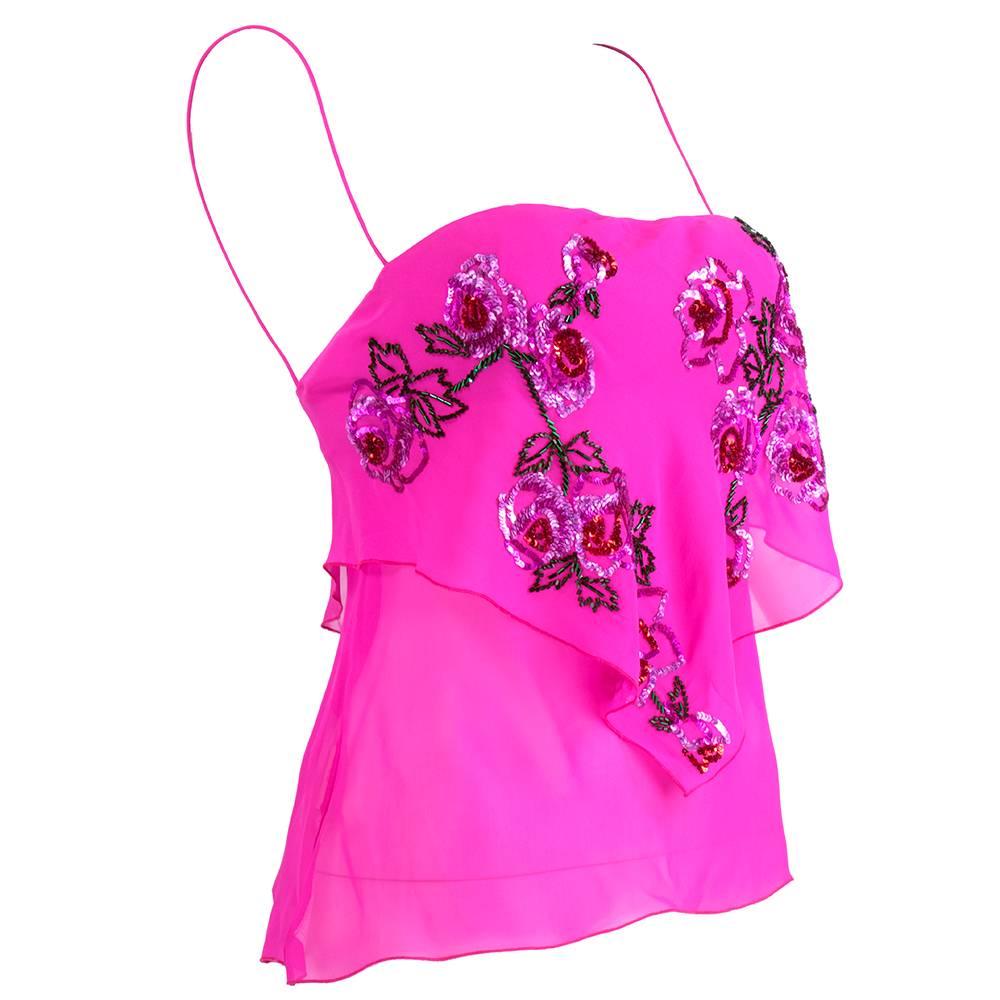 Vintage 90s UNGARO Hot Pink Embellished Camisole In Excellent Condition For Sale In Los Angeles, CA