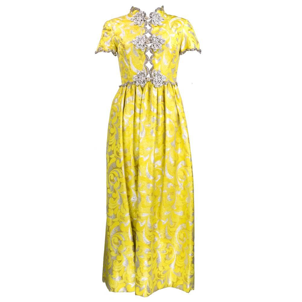 1960s Oscar de la Renta Gold Brocade Gown w/Silver Passementerie