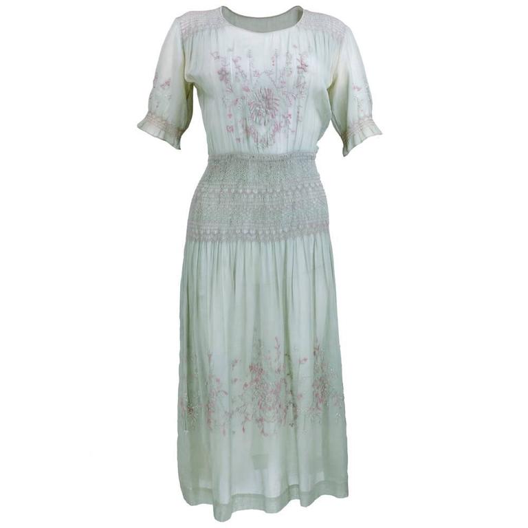1920s Smocked and Embroidered Cotton Dress For Sale at 1stDibs