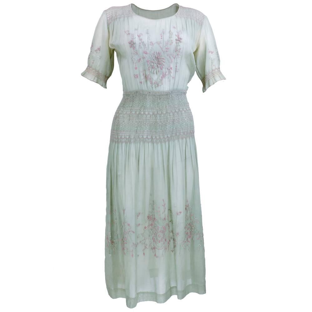 1920s Smocked and Embroidered Cotton Dress For Sale