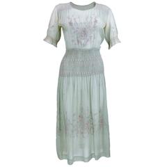 Antique 1920s Smocked and Embroidered Cotton Dress