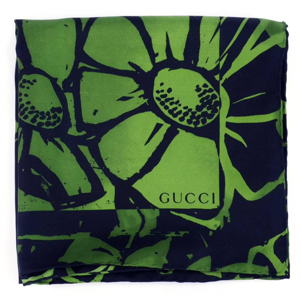Super chic Gucci scarf circa 1990s - Tom Ford era. Emerald green and inky black abstract floral. silk with hand rolled edges. Great for a Jackie O. head wrap moment.