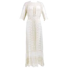 Antique Edwardian White Cotton Lawn Dress with Crochet Trim 