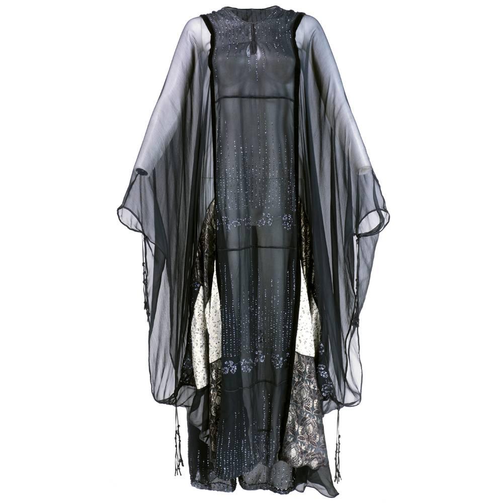 Iconic 70s Thea Porter Couture Black Chiffon Embellished Caftan