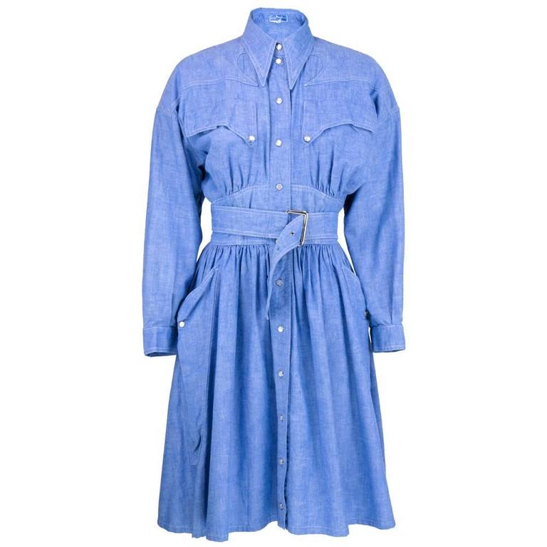 90s Thierry Mugler Blue Chambray Western Style Shirtwaist Dress For ...