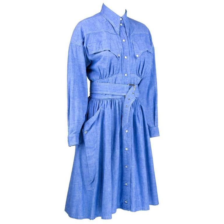 90s Thierry Mugler Blue Chambray Western Style Shirtwaist Dress For ...