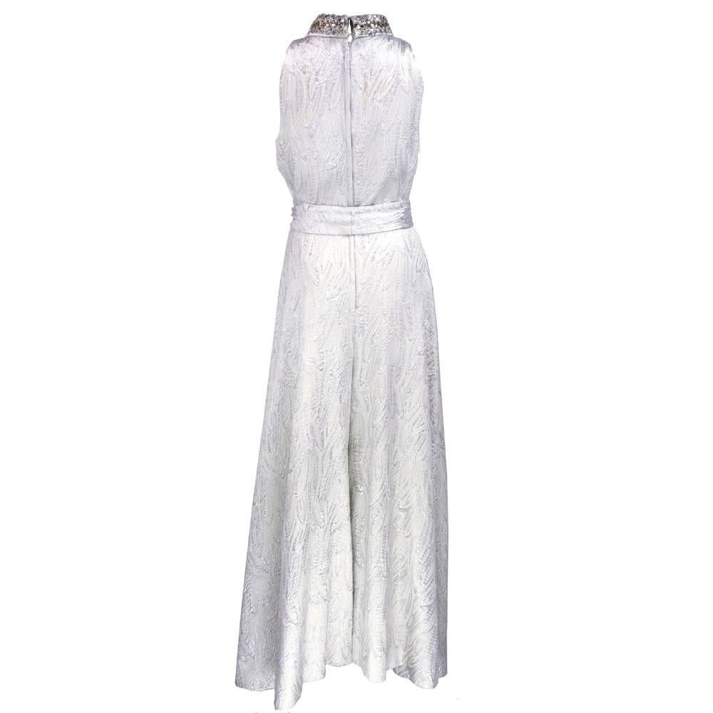 Swinging 60s Silver Metallic Matelasse Jumpsuit  In Excellent Condition In Los Angeles, CA