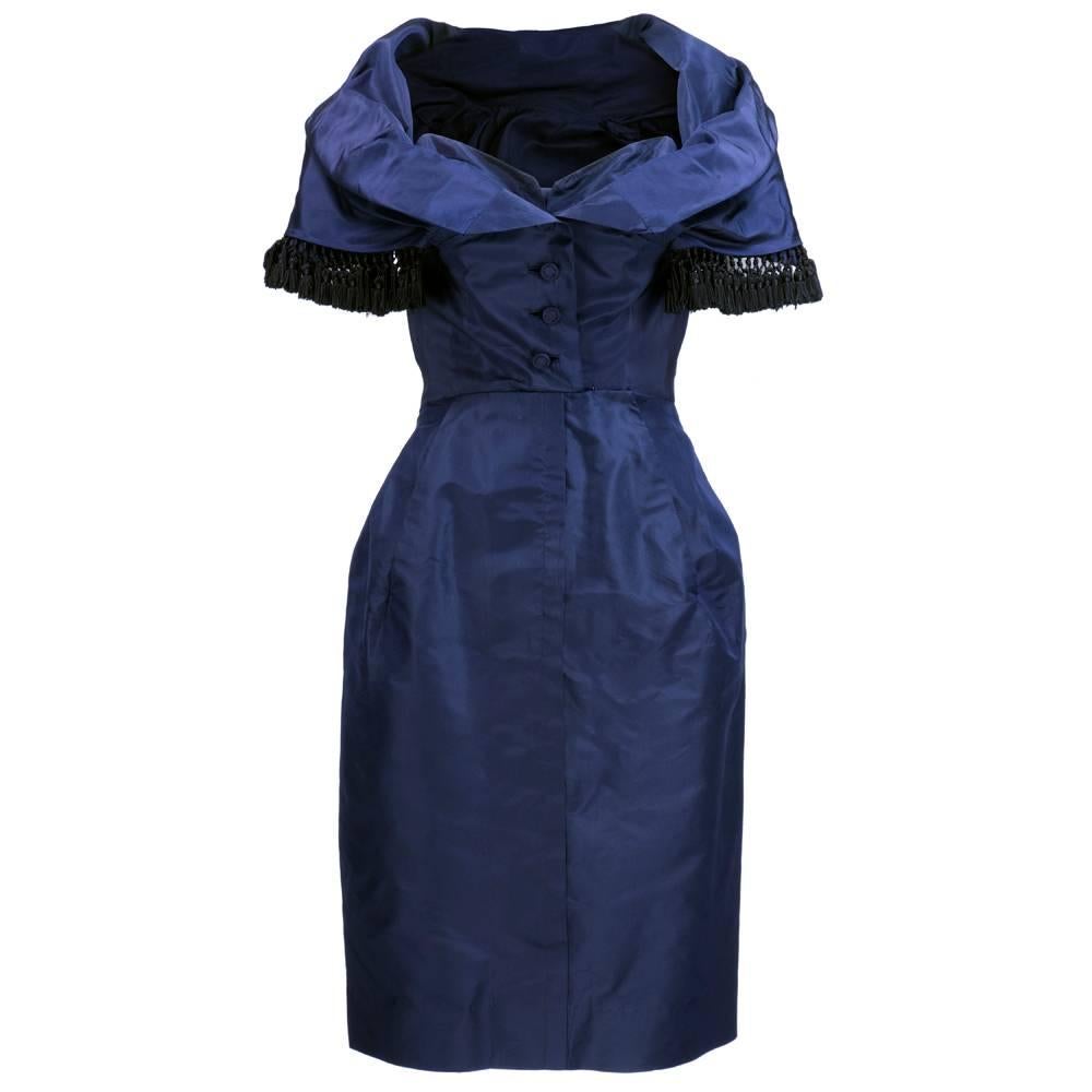 Late 50s Christian Dior - New York Midnight Blue Silk Taffeta Dress With Corsele For Sale