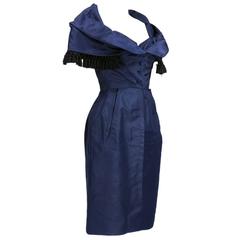 Late 50s Christian Dior - New York Midnight Blue Silk Taffeta Dress With Corsele
