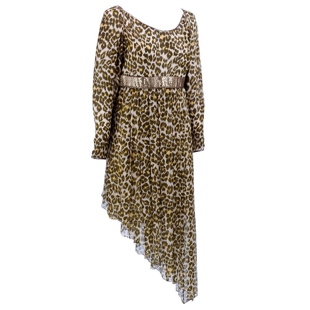 Brown Wild 80s Asymmetrical Galanos Evening Dress in Animal Print Chiffon For Sale
