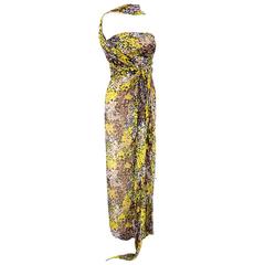 90s Bill Blass Animal Print Chiffon Goddess Gown