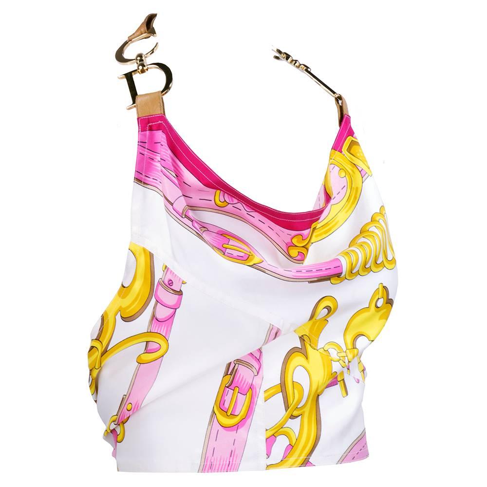 So decadent! 90s Christian Dior halter top with equestrian print in white, pinks, golds and browns. Cropped with leather neck with oversized gold tone CD  logo hardware. 100% silk and ties at back. Neckline drapes - super sexy.