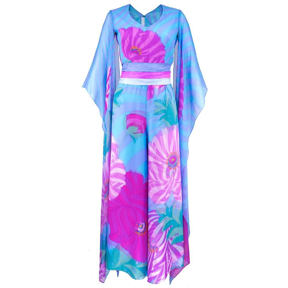 70s Hanae Mori Pink and Blue Chiffon Kimono Style Jumpsuit For Sale