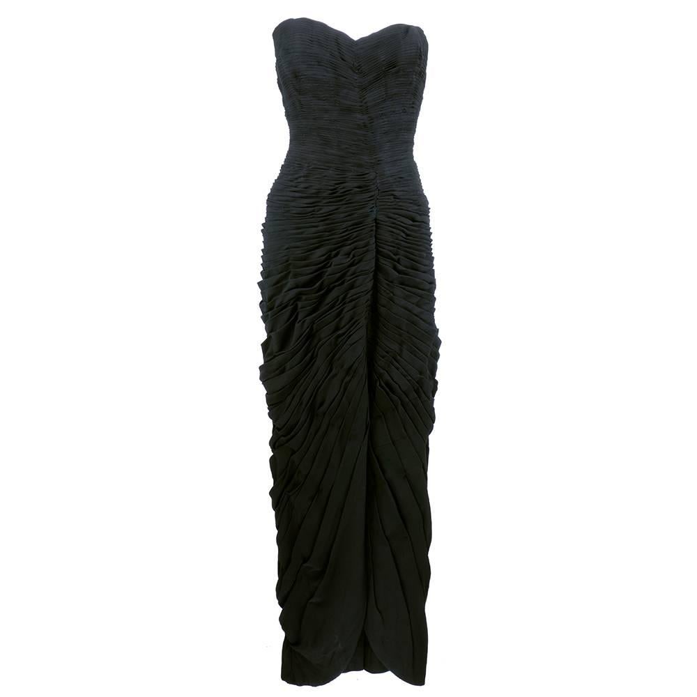 50s Mingolini Guggenheim Amazing Black Pleated Strapless Gown For Sale