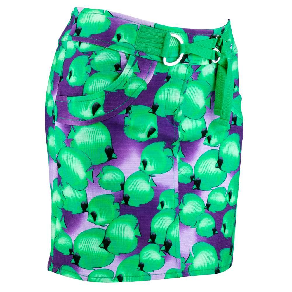 90s Versus Versace Mini Skirt with Green and Purple Fish Print