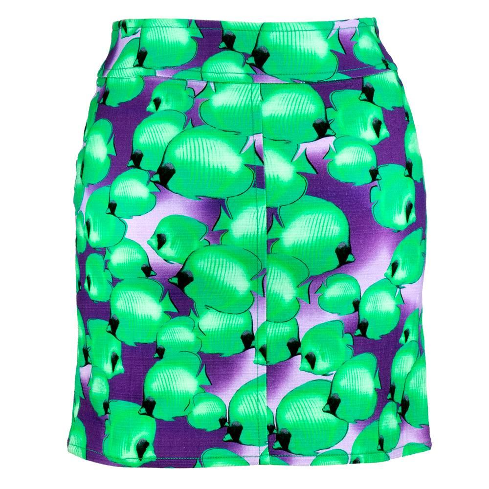 Blue 90s Versus Versace Mini Skirt with Green and Purple Fish Print