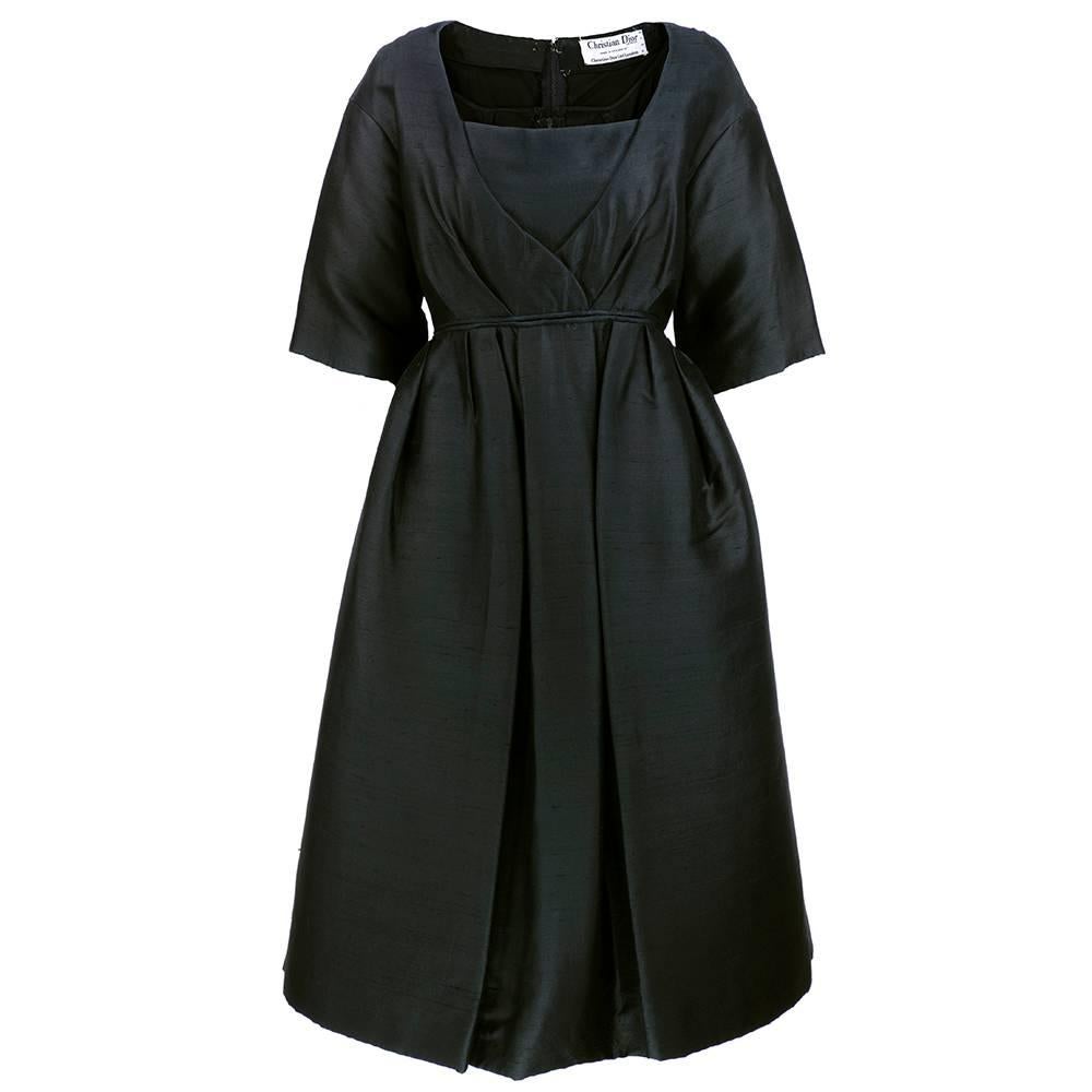 50s Christian Dior London Black Shantung Silk Cocktail Dress For Sale