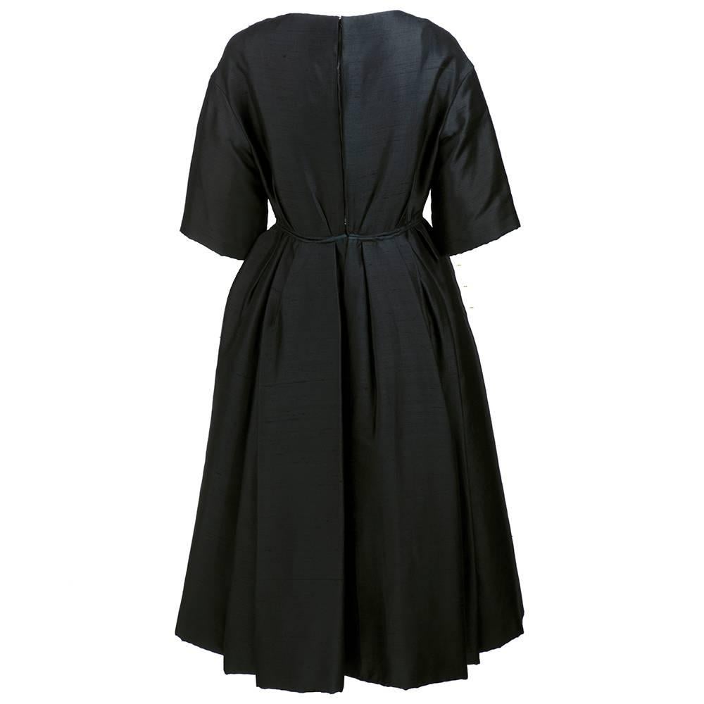 50s Christian Dior London Black Shantung Silk Cocktail Dress In Excellent Condition For Sale In Los Angeles, CA