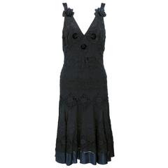 British Eavis and Brown Sexy Black Heavily Embroidered Silk Dress 