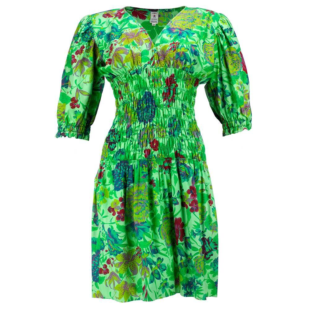 70s Ungaro Green Floral Cotton Smocked Summer Dress